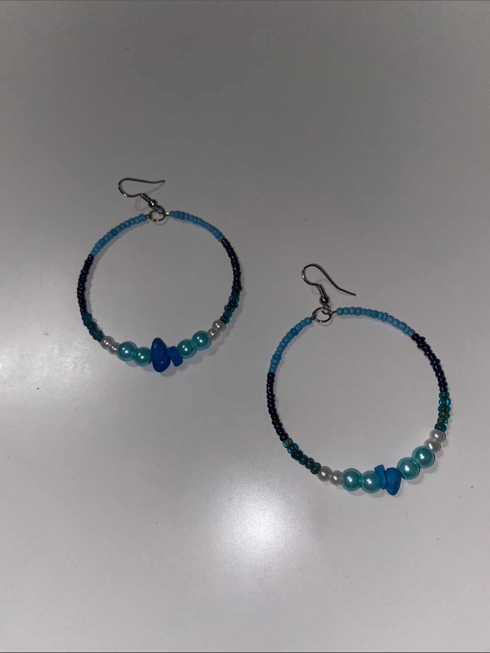 Handcrafted Blue Silver Tone Beaded Hoop Earrings